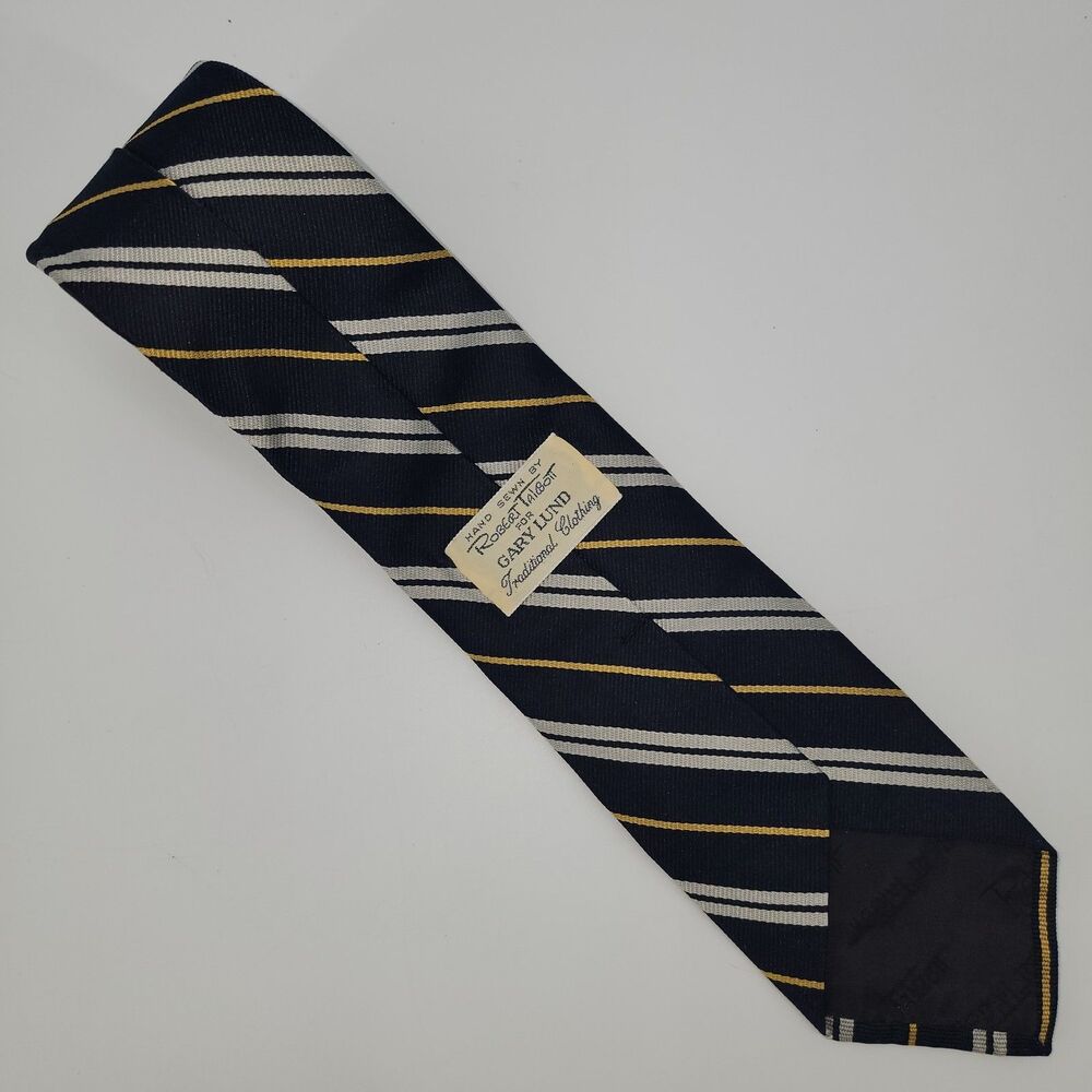 Robert Talbot Hand Sewn for Gary Lund Navy Blue Striped 100% Silk Necktie 57x3